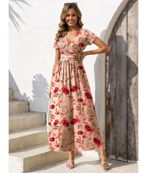 Gracyoga Women's Summer Dresses 2025 Short Sleeve Maxi Dress Casual V Neck Flowy Sundress with Pockets