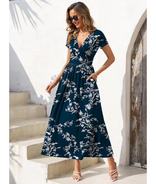 Gracyoga Women's Summer Dresses 2025 Short Sleeve Maxi Dress Casual V Neck Flowy Sundress with Pockets