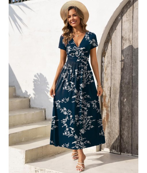 Gracyoga Women's Summer Dresses 2025 Short Sleeve Maxi Dress Casual V Neck Flowy Sundress with Pockets