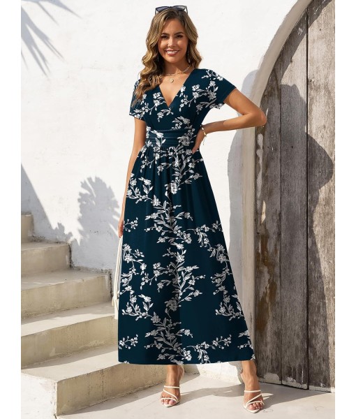 Gracyoga Women's Summer Dresses 2025 Short Sleeve Maxi Dress Casual V Neck Flowy Sundress with Pockets