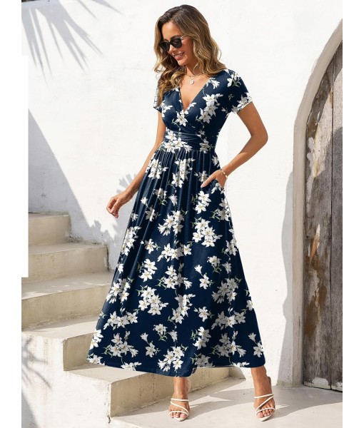 Gracyoga Women's Summer Dresses 2025 Short Sleeve Maxi Dress Casual V Neck Flowy Sundress with Pockets