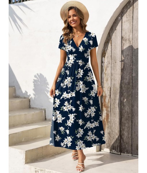 Gracyoga Women's Summer Dresses 2025 Short Sleeve Maxi Dress Casual V Neck Flowy Sundress with Pockets