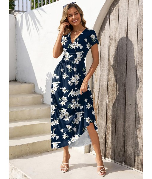Gracyoga Women's Summer Dresses 2025 Short Sleeve Maxi Dress Casual V Neck Flowy Sundress with Pockets