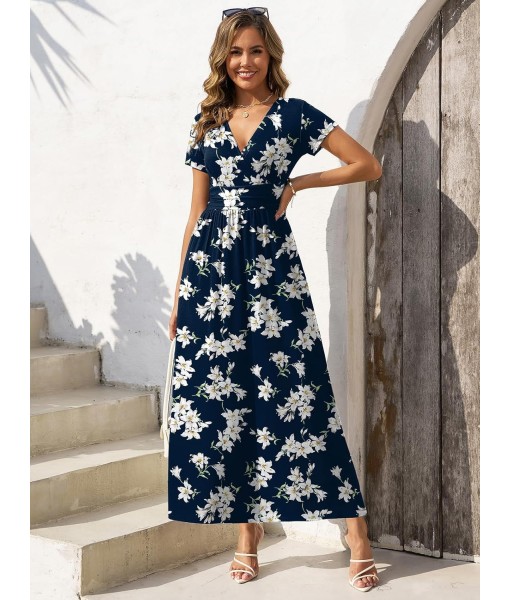 Gracyoga Women's Summer Dresses 2025 Short Sleeve Maxi Dress Casual V Neck Flowy Sundress with Pockets