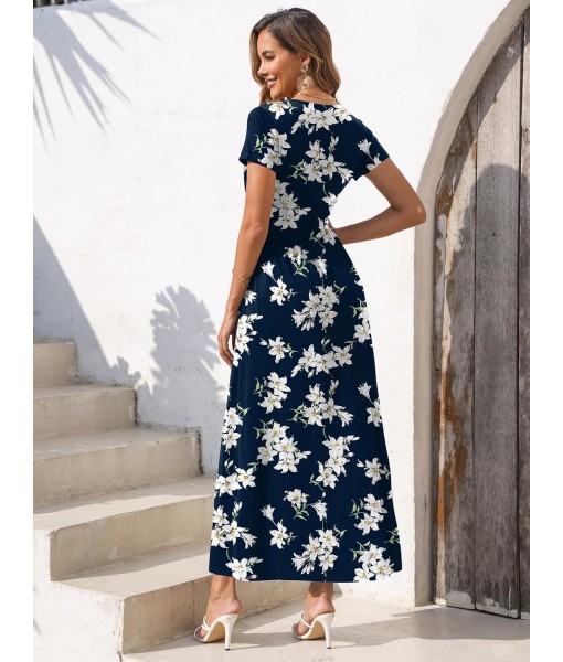 Gracyoga Women's Summer Dresses 2025 Short Sleeve Maxi Dress Casual V Neck Flowy Sundress with Pockets