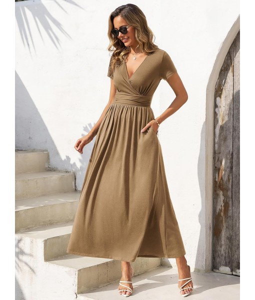 Gracyoga Women's Summer Dresses 2025 Short Sleeve Maxi Dress Casual V Neck Flowy Sundress with Pockets