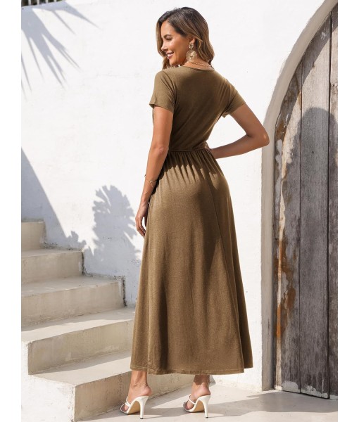 Gracyoga Women's Summer Dresses 2025 Short Sleeve Maxi Dress Casual V Neck Flowy Sundress with Pockets