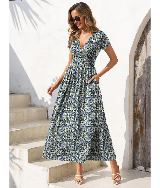Gracyoga Women's Summer Dresses 2025 Short Sleeve Maxi Dress Casual V Neck Flowy Sundress with Pockets