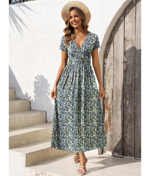 Gracyoga Women's Summer Dresses 2025 Short Sleeve Maxi Dress Casual V Neck Flowy Sundress with Pockets