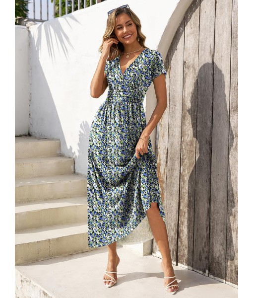 Gracyoga Women's Summer Dresses 2025 Short Sleeve Maxi Dress Casual V Neck Flowy Sundress with Pockets