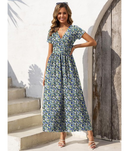 Gracyoga Women's Summer Dresses 2025 Short Sleeve Maxi Dress Casual V Neck Flowy Sundress with Pockets