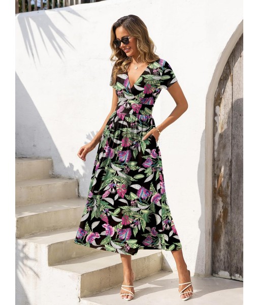 Gracyoga Women's Summer Dresses 2025 Short Sleeve Maxi Dress Casual V Neck Flowy Sundress with Pockets