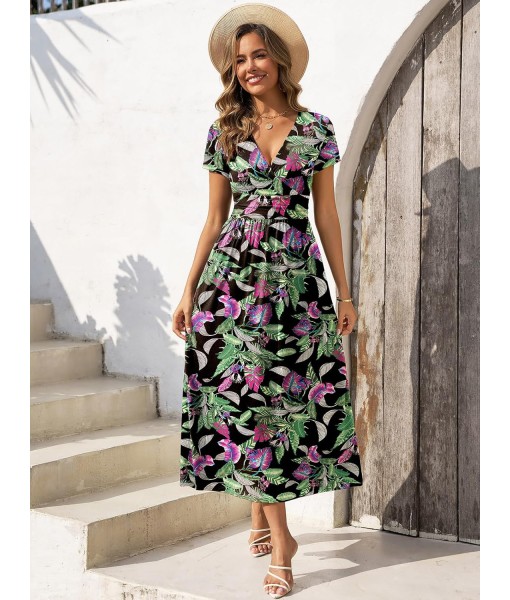 Gracyoga Women's Summer Dresses 2025 Short Sleeve Maxi Dress Casual V Neck Flowy Sundress with Pockets