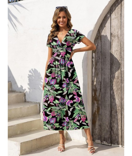 Gracyoga Women's Summer Dresses 2025 Short Sleeve Maxi Dress Casual V Neck Flowy Sundress with Pockets
