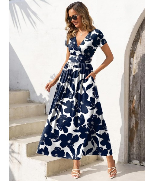 Gracyoga Women's Summer Dresses 2025 Short Sleeve Maxi Dress Casual V Neck Flowy Sundress with Pockets