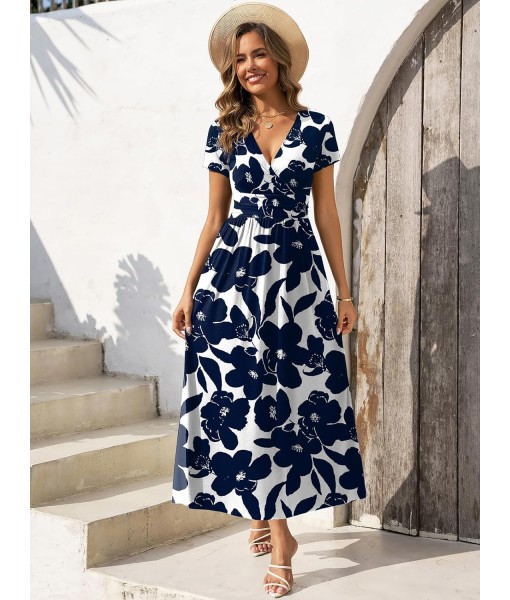 Gracyoga Women's Summer Dresses 2025 Short Sleeve Maxi Dress Casual V Neck Flowy Sundress with Pockets