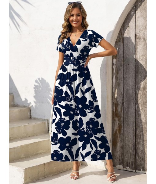 Gracyoga Women's Summer Dresses 2025 Short Sleeve Maxi Dress Casual V Neck Flowy Sundress with Pockets