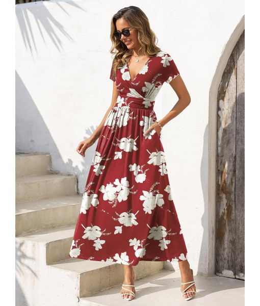 Gracyoga Women's Summer Dresses 2025 Short Sleeve Maxi Dress Casual V Neck Flowy Sundress with Pockets