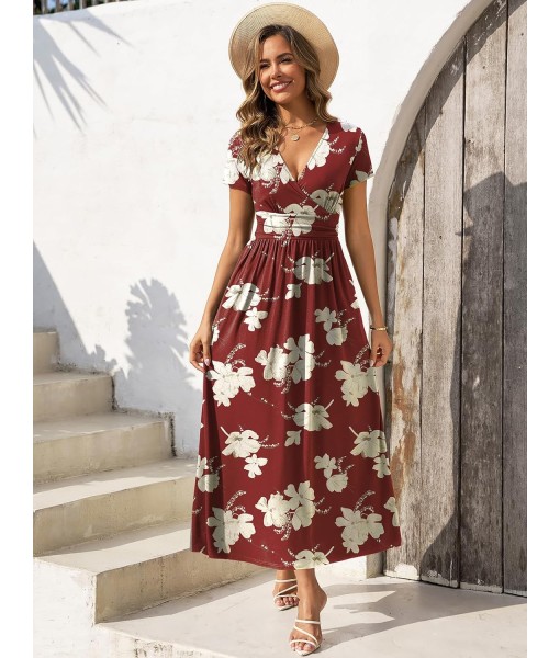 Gracyoga Women's Summer Dresses 2025 Short Sleeve Maxi Dress Casual V Neck Flowy Sundress with Pockets
