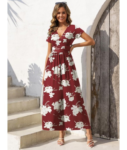 Gracyoga Women's Summer Dresses 2025 Short Sleeve Maxi Dress Casual V Neck Flowy Sundress with Pockets