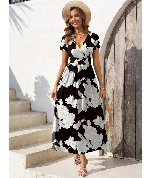 Gracyoga Women's Summer Dresses 2025 Short Sleeve Maxi Dress Casual V Neck Flowy Sundress with Pockets