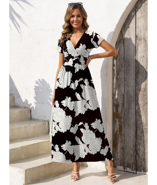 Gracyoga Women's Summer Dresses 2025 Short Sleeve Maxi Dress Casual V Neck Flowy Sundress with Pockets