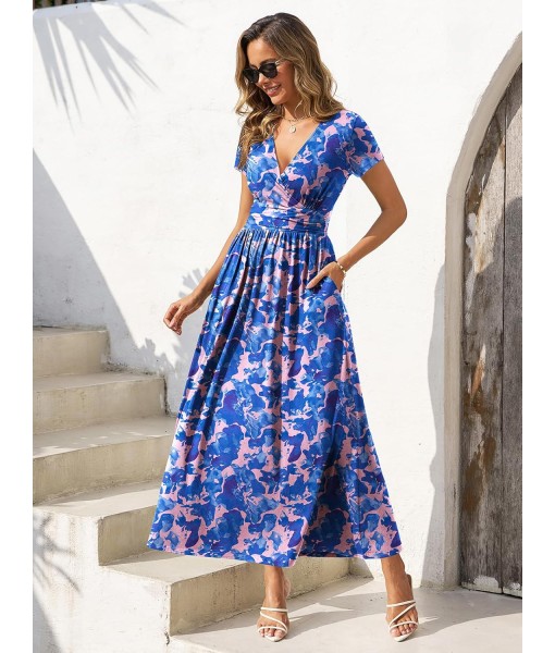 Gracyoga Women's Summer Dresses 2025 Short Sleeve Maxi Dress Casual V Neck Flowy Sundress with Pockets
