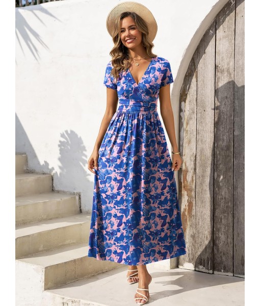 Gracyoga Women's Summer Dresses 2025 Short Sleeve Maxi Dress Casual V Neck Flowy Sundress with Pockets