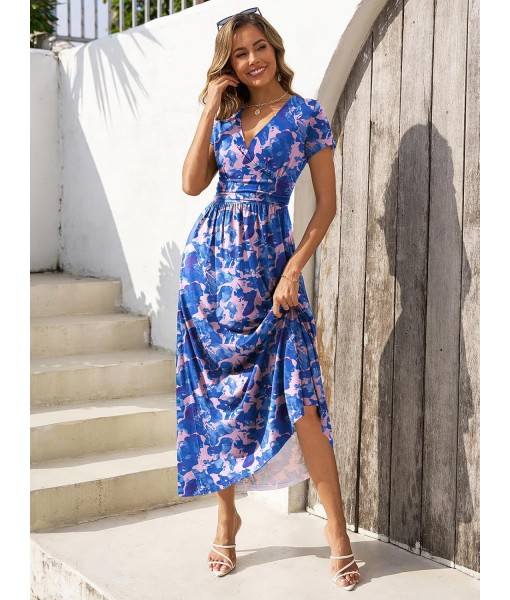 Gracyoga Women's Summer Dresses 2025 Short Sleeve Maxi Dress Casual V Neck Flowy Sundress with Pockets