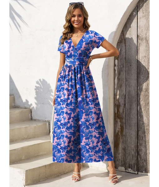 Gracyoga Women's Summer Dresses 2025 Short Sleeve Maxi Dress Casual V Neck Flowy Sundress with Pockets