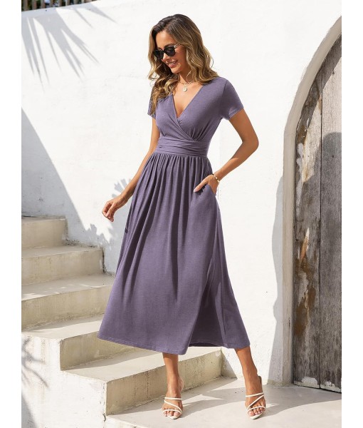 Gracyoga Women's Summer Dresses 2025 Short Sleeve Maxi Dress Casual V Neck Flowy Sundress with Pockets
