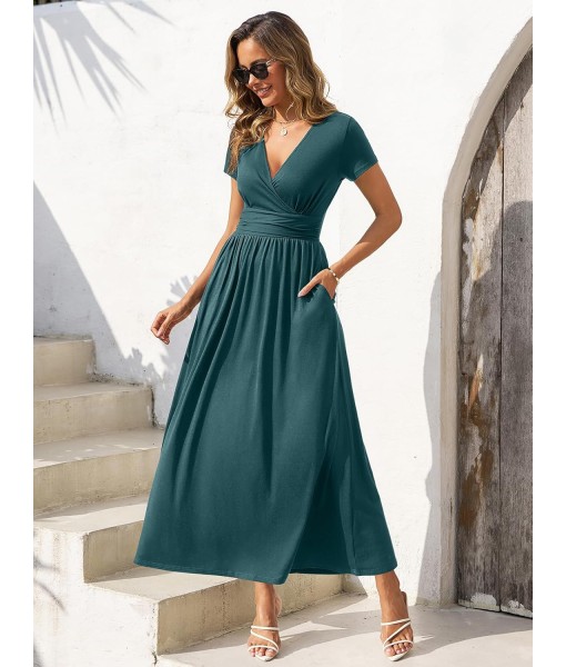 Gracyoga Women's Summer Dresses 2025 Short Sleeve Maxi Dress Casual V Neck Flowy Sundress with Pockets