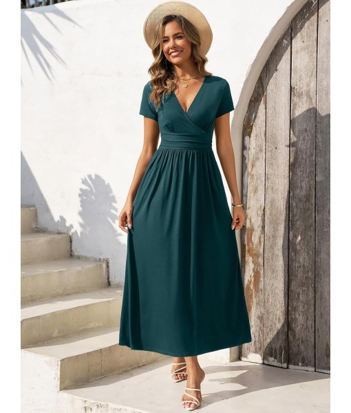 Gracyoga Women's Summer Dresses 2025 Short Sleeve Maxi Dress Casual V Neck Flowy Sundress with Pockets