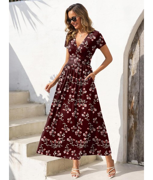 Gracyoga Women's Summer Dresses 2025 Short Sleeve Maxi Dress Casual V Neck Flowy Sundress with Pockets