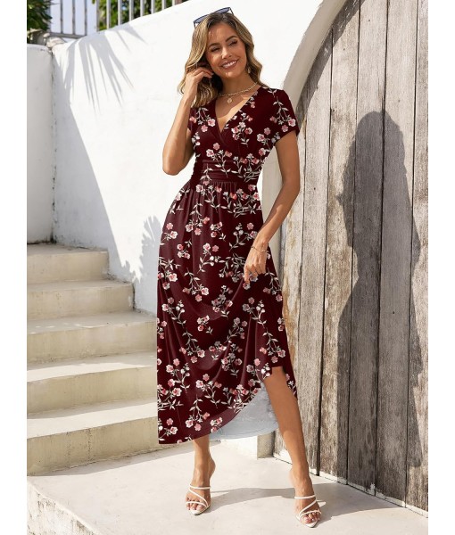 Gracyoga Women's Summer Dresses 2025 Short Sleeve Maxi Dress Casual V Neck Flowy Sundress with Pockets