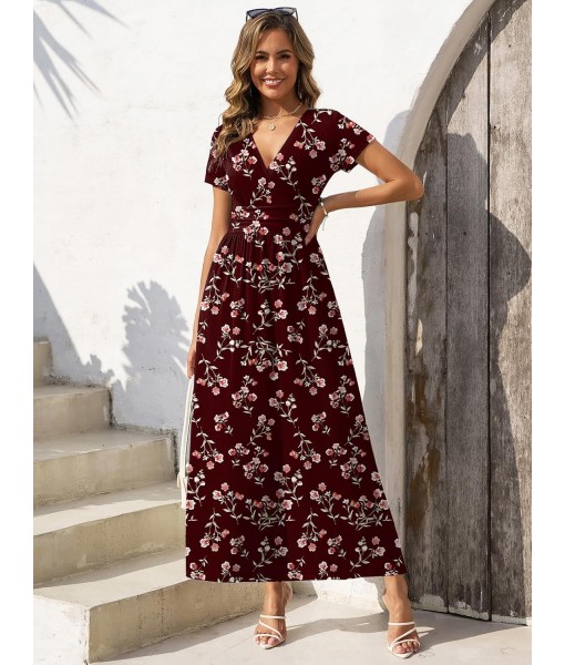 Gracyoga Women's Summer Dresses 2025 Short Sleeve Maxi Dress Casual V Neck Flowy Sundress with Pockets