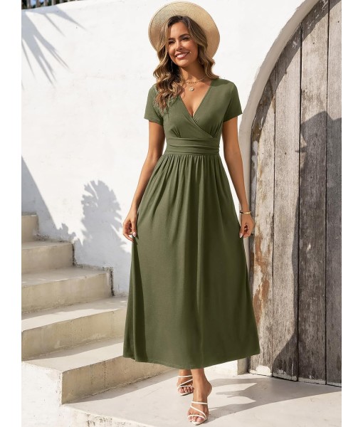 Gracyoga Women's Summer Dresses 2025 Short Sleeve Maxi Dress Casual V Neck Flowy Sundress with Pockets