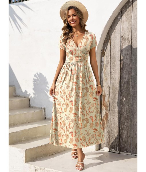 Gracyoga Women's Summer Dresses 2025 Short Sleeve Maxi Dress Casual V Neck Flowy Sundress with Pockets