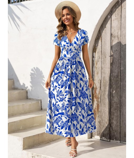 Gracyoga Women's Summer Dresses 2025 Short Sleeve Maxi Dress Casual V Neck Flowy Sundress with Pockets