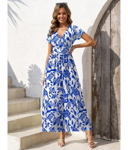 Gracyoga Women's Summer Dresses 2025 Short Sleeve Maxi Dress Casual V Neck Flowy Sundress with Pockets