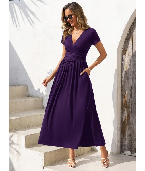 Gracyoga Women's Summer Dresses 2025 Short Sleeve Maxi Dress Casual V Neck Flowy Sundress with Pockets