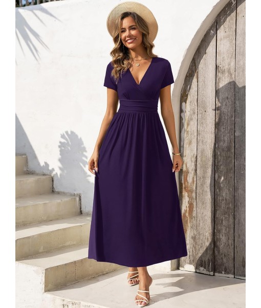 Gracyoga Women's Summer Dresses 2025 Short Sleeve Maxi Dress Casual V Neck Flowy Sundress with Pockets