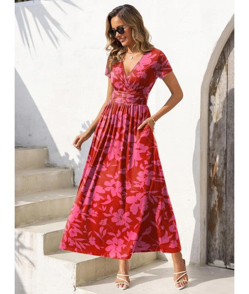Gracyoga Women's Summer Dresses 2025 Short Sleeve Maxi Dress Casual V Neck Flowy Sundress with Pockets