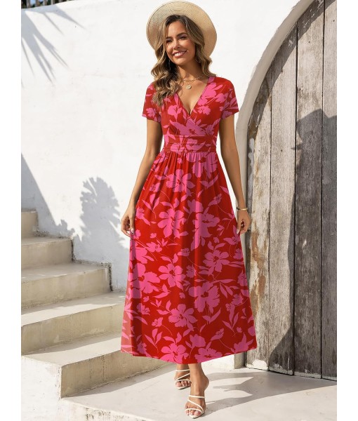 Gracyoga Women's Summer Dresses 2025 Short Sleeve Maxi Dress Casual V Neck Flowy Sundress with Pockets