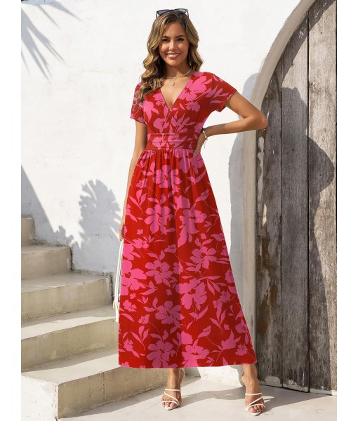 Gracyoga Women's Summer Dresses 2025 Short Sleeve Maxi Dress Casual V Neck Flowy Sundress with Pockets