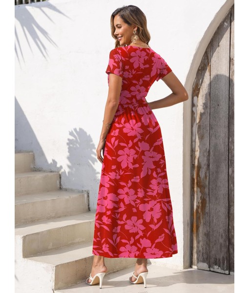 Gracyoga Women's Summer Dresses 2025 Short Sleeve Maxi Dress Casual V Neck Flowy Sundress with Pockets