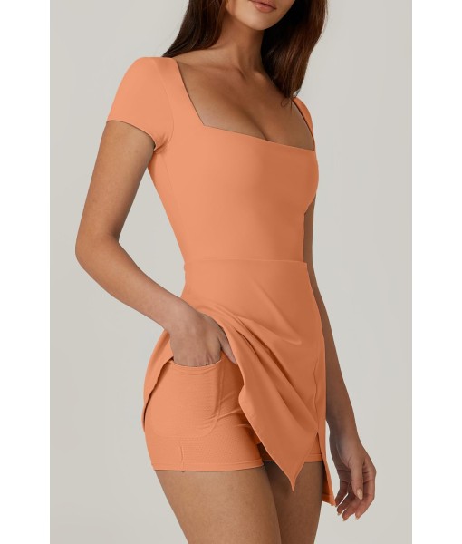 QINSEN Womens Square Neck Tennis Dress Short Sleeve Built in Shorts Golf Athletic Dress with Pockets