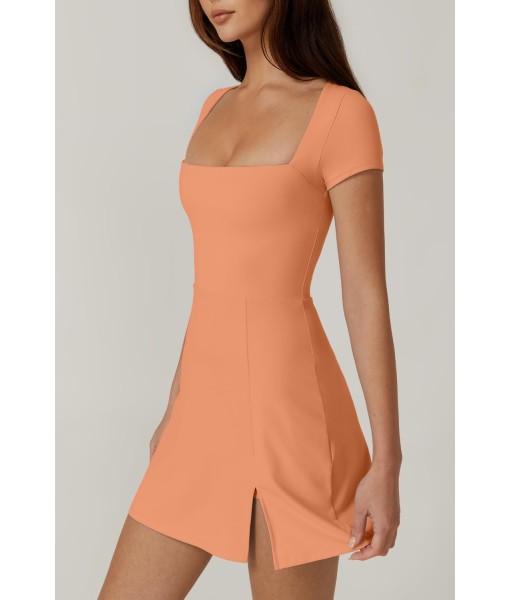 QINSEN Womens Square Neck Tennis Dress Short Sleeve Built in Shorts Golf Athletic Dress with Pockets