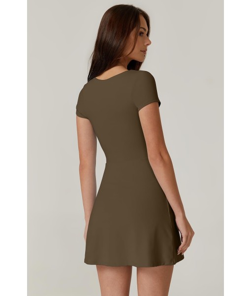 QINSEN Womens Square Neck Tennis Dress Short Sleeve Built in Shorts Golf Athletic Dress with Pockets