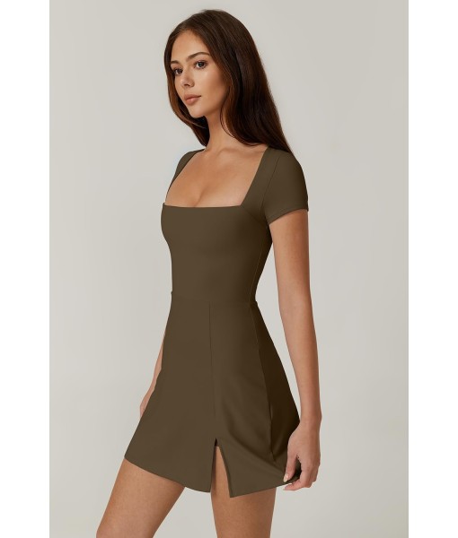 QINSEN Womens Square Neck Tennis Dress Short Sleeve Built in Shorts Golf Athletic Dress with Pockets